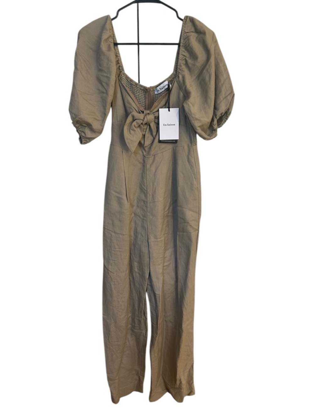 En Saison Taupe Puff-Sleeve Tie-Front Jumpsuit